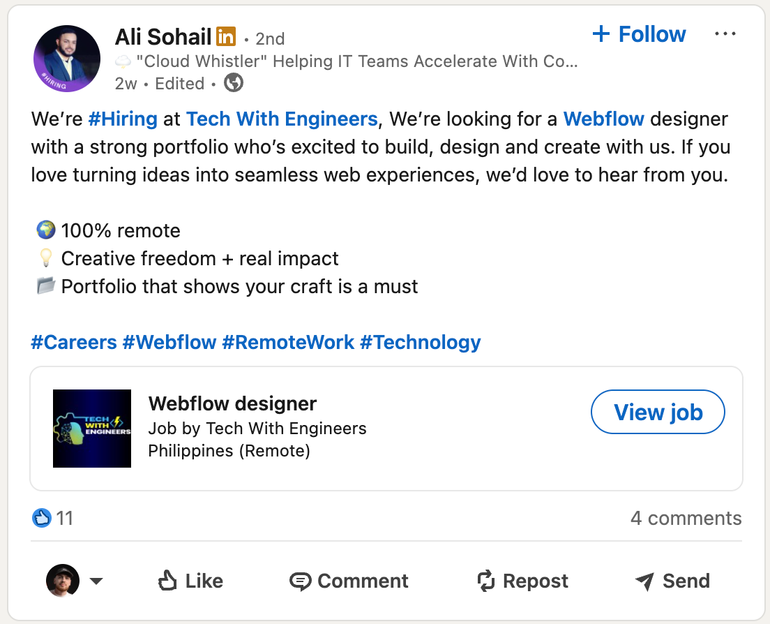 LinkedIn Post looking for Webflow Designer
