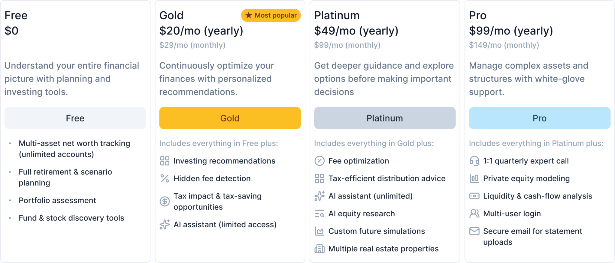 PortfolioPilot pricing comparison showing features across Free, Gold, Platinum, and Pro plans
