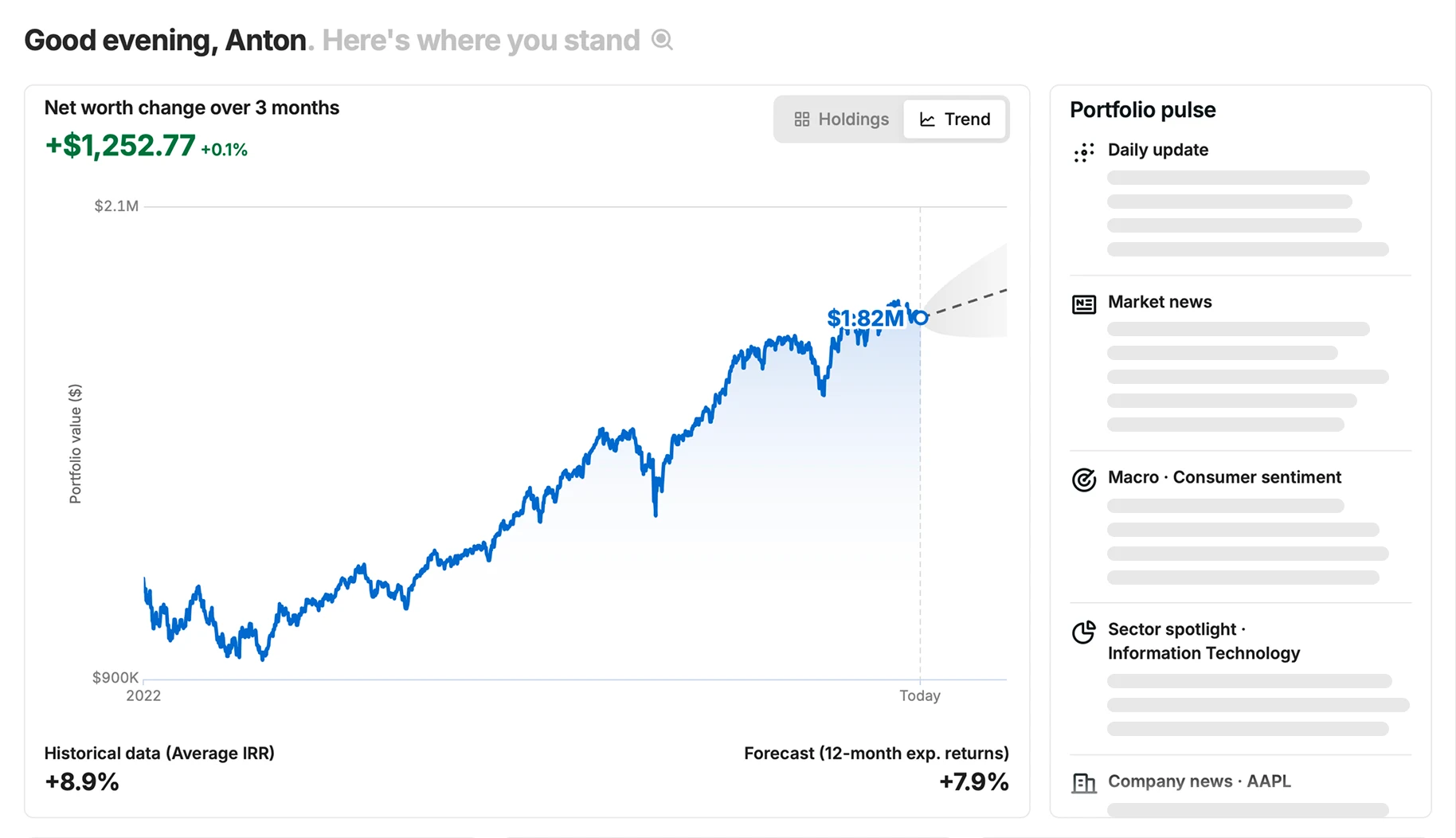 PortfolioPilot dashboard displaying portfolio score, net worth, risk-adjusted return analysis, asset class distribution, historical performance chart, and connected accounts from Robinhood, Betterment, and Coinbase.