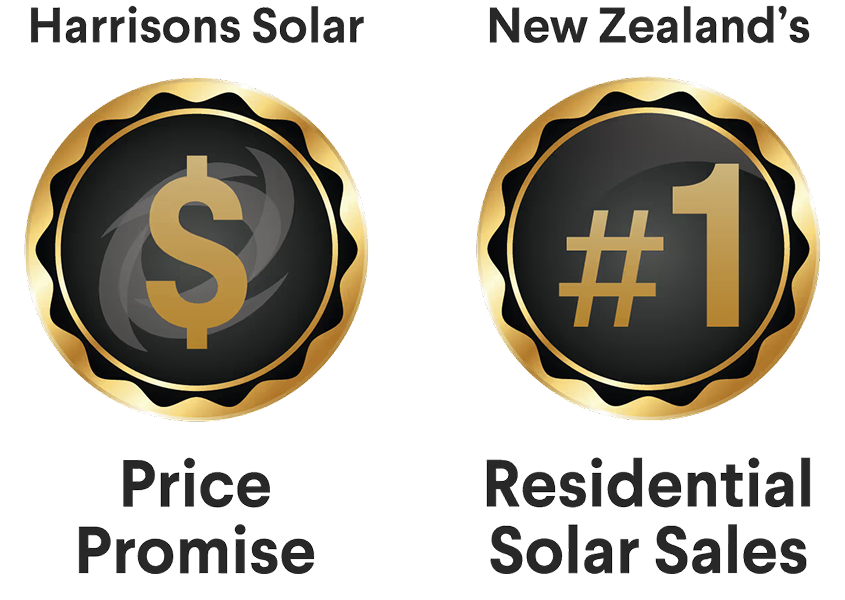 Two gold badges showing a dollar sign for harrisons solar price promise and the other #1 for NZ's residential solar sales