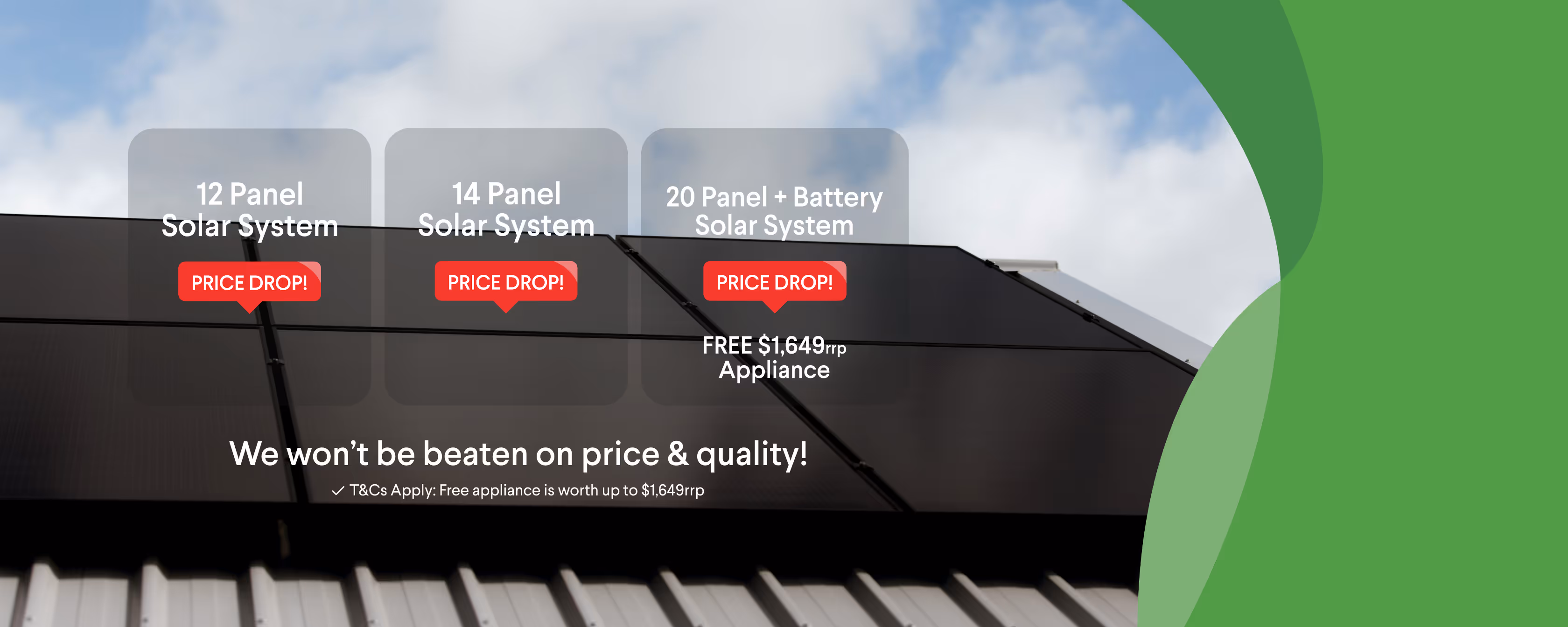 An image showing a rooftop with solar panels and three promotional banners for different solar panel systems: 12 panel, 14 panel, and 20 panel solar systems, along with a text offering a free appliance with purchase.