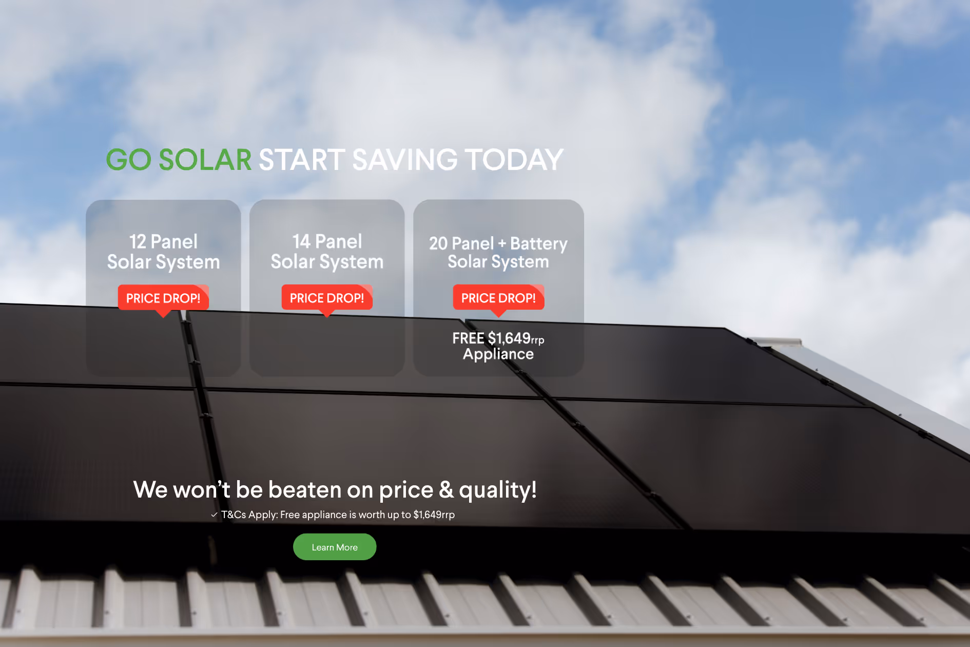 An image showing a rooftop with solar panels and three promotional banners for different solar panel systems: 12 panel, 14 panel, and 20 panel solar systems, along with a text offering a free appliance with purchase of the 20 panel + battery.