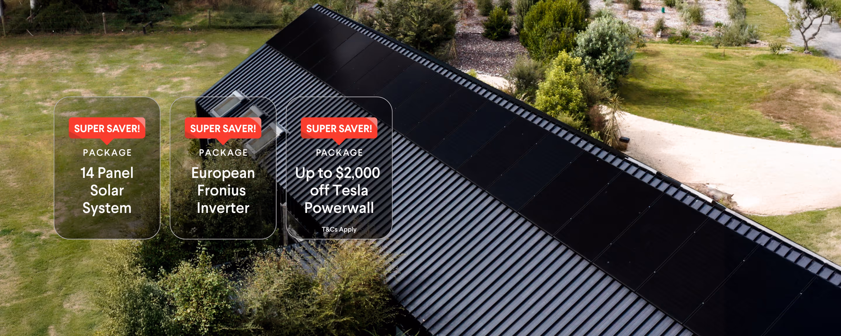 An image showing a rooftop with solar panels and three promotional banners for different solar panel systems: 12 panel, 14 panel, and 20 panel solar systems, along with a text offering a free appliance with purchase.