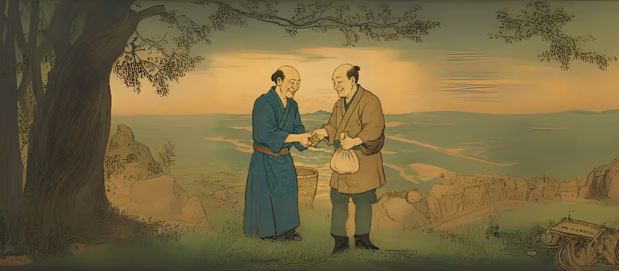 Estampe japonaise avec deux hommes heureux échangeant de l'argent qui symbolise l'argent économisé quand on passe par un développement LowCode SHUNPO.