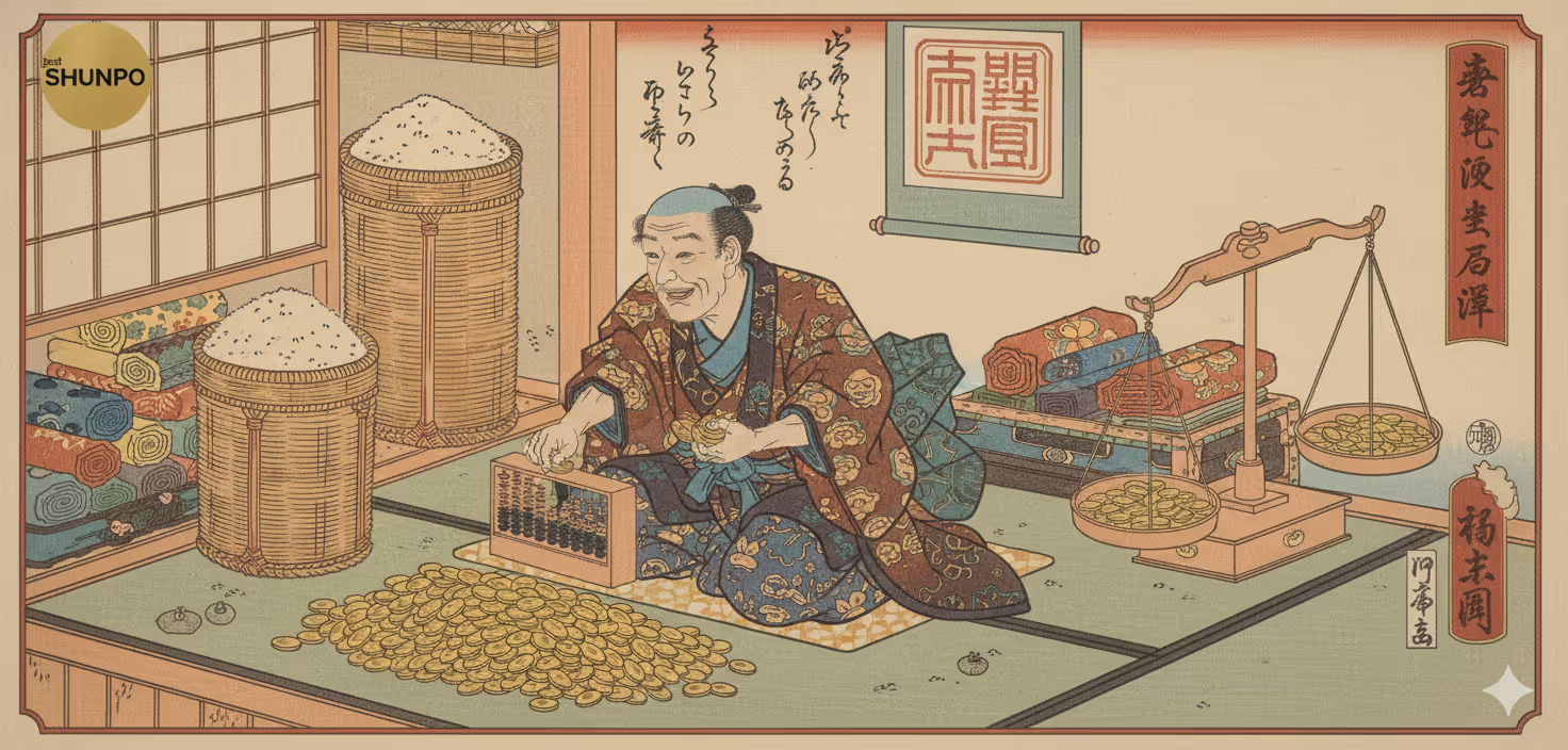 Estampe japonaise d'une femme marchande ou sage comptant des pièces d'or, illustrant les économies et la bonne gestion financière grâce au Low-Code de Shunpo. Logo Shunpo en haut à gauche.