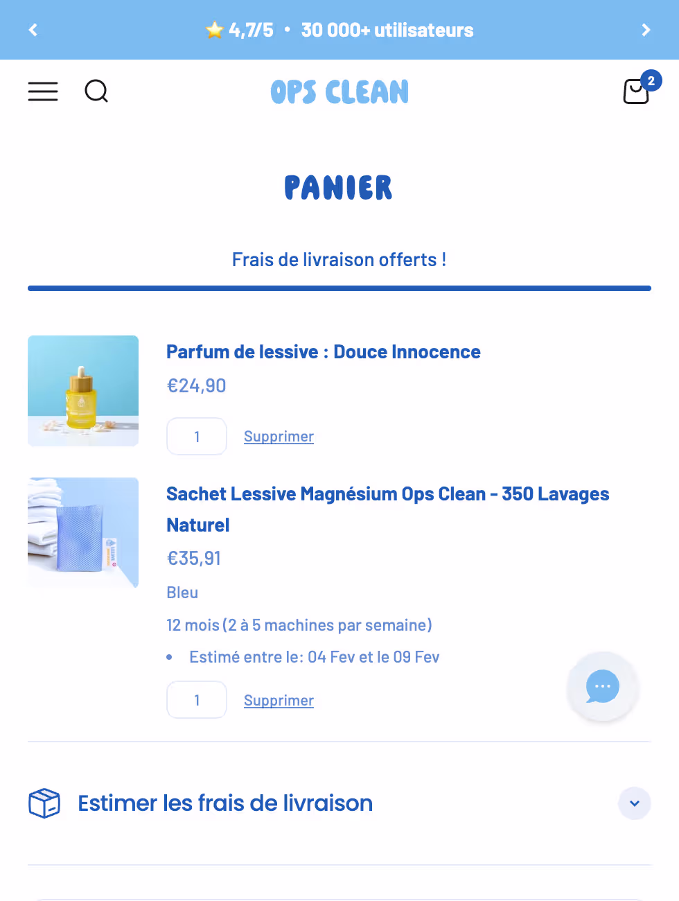 Interface utilisateur du panier d'achat Shopify développée pour Ops Clean, avec optimisation UX pour la conversion mobile par l'agence Shunpo.