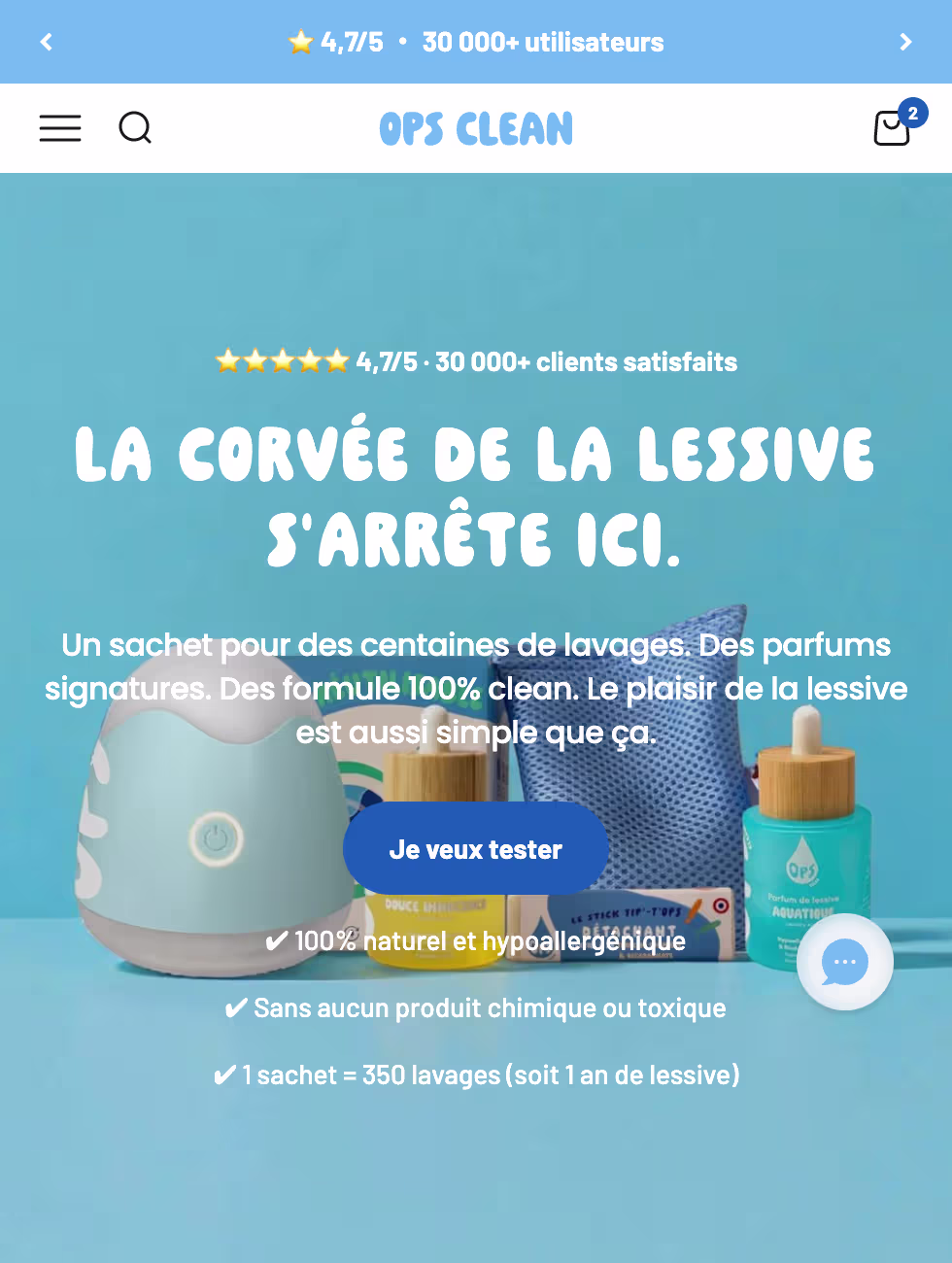 Design UI/UX de la page d'accueil Ops Clean sur Shopify, réalisé par l'agence Shunpo pour allier branding fort et performance e-commerce.