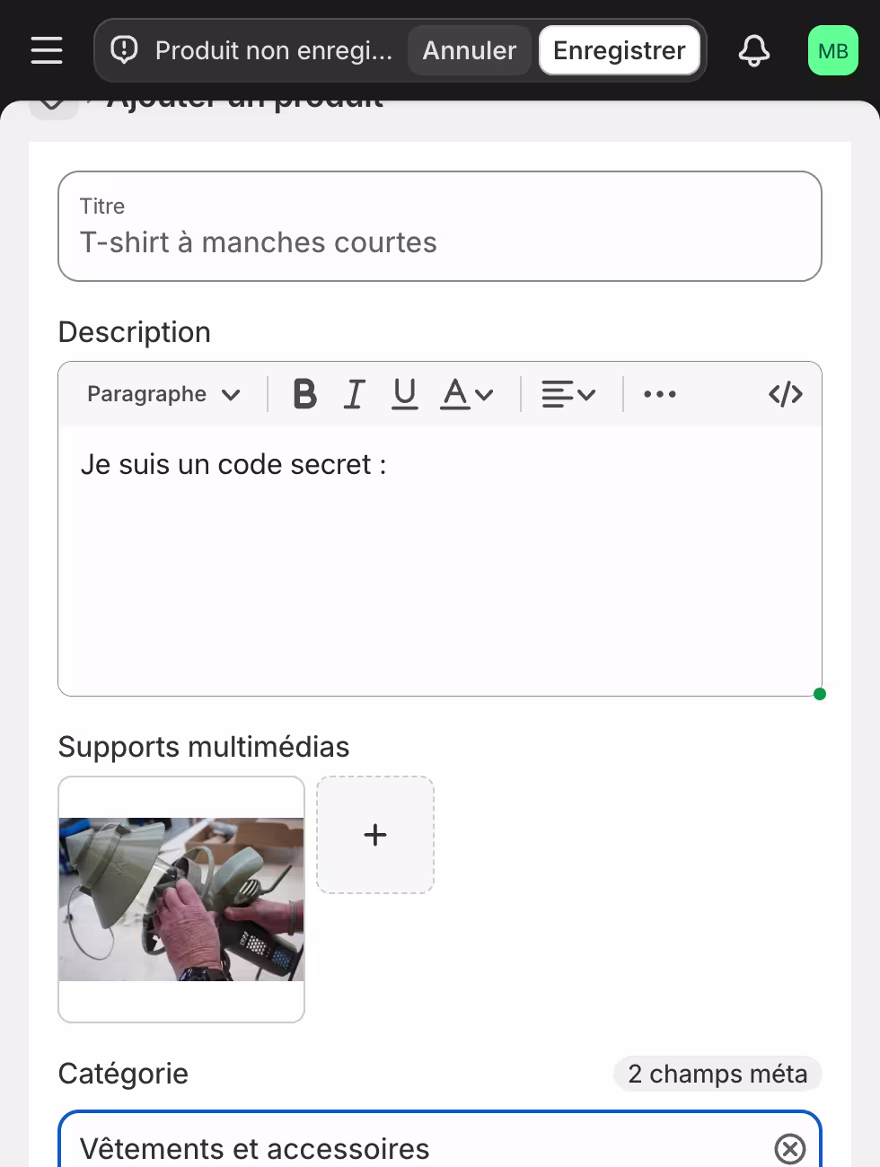 Back-office Shopify configuré par l'agence Shunpo pour une gestion de catalogue avancée (SEO, Metafields et variantes complexes).