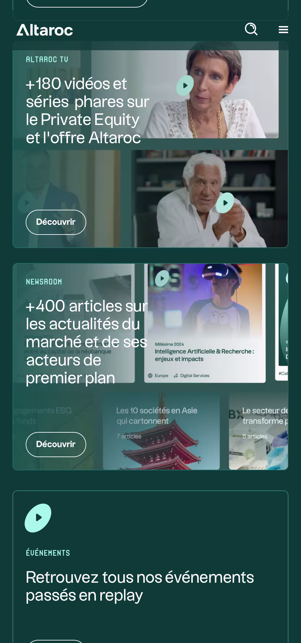 Interface mobile de la vidéothèque (Masterclass) sur l'application Altaroc, démontrant une intégration multimédia fluide et responsive développée sur WeWeb.