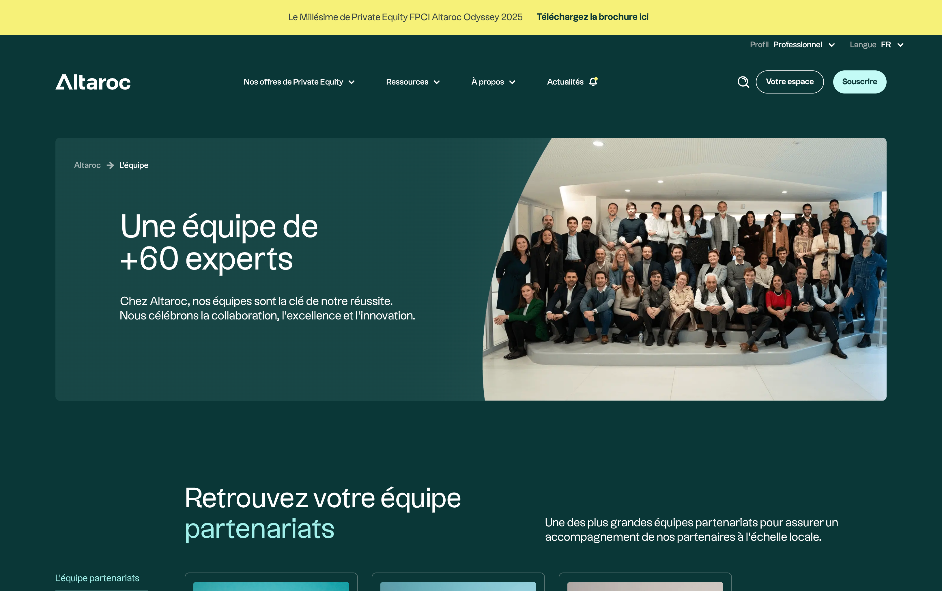 Mise en page Desktop de la section "Notre Équipe" sur le site Altaroc, mettant en avant les experts du Private Equity via une interface claire conçue par SHUNPO.