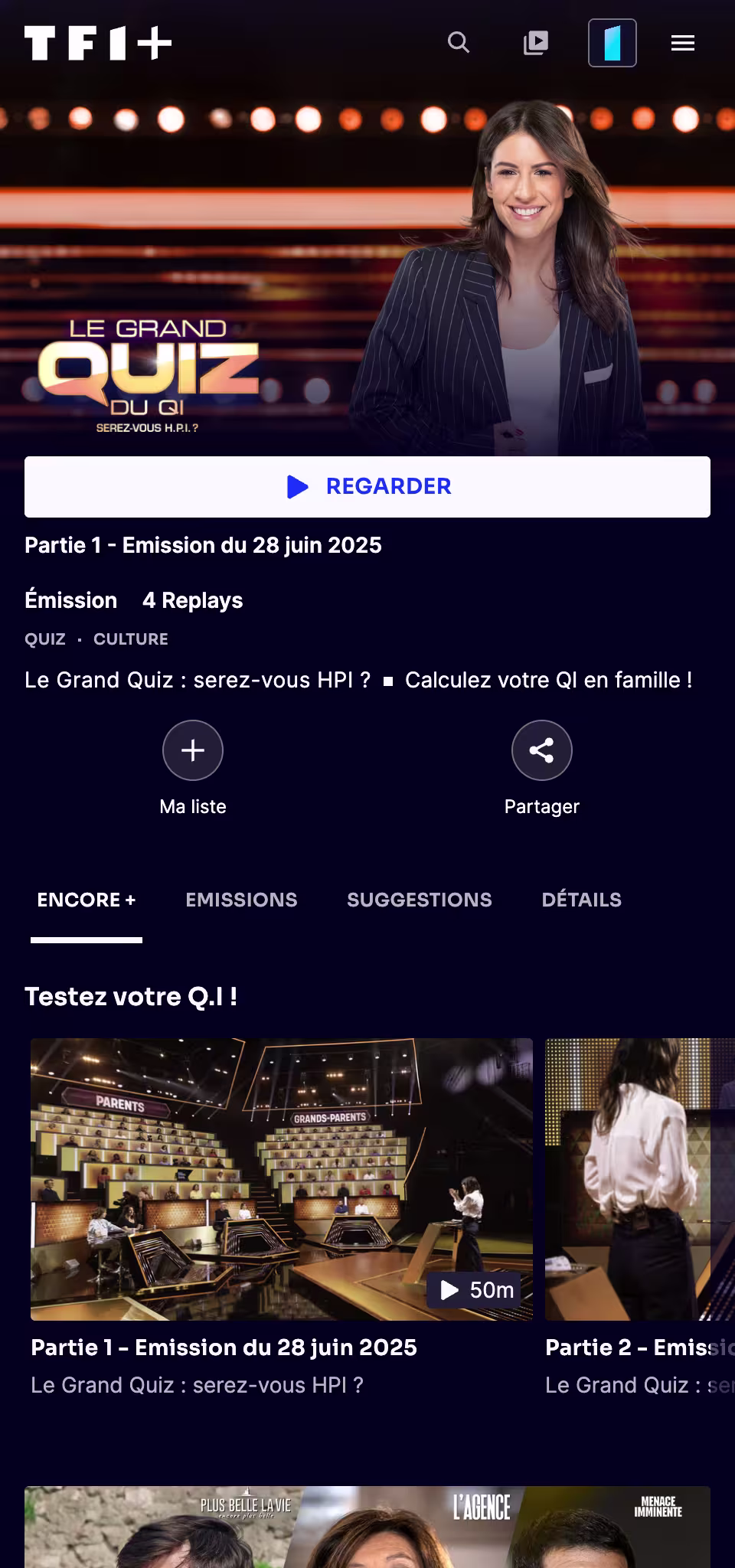 Capture d'écran du replay de l'émission "Le Grand Quiz" sur la plateforme de streaming de TF1, écosystème digital pour lequel SHUNPO a développé l'interactivité second écran.