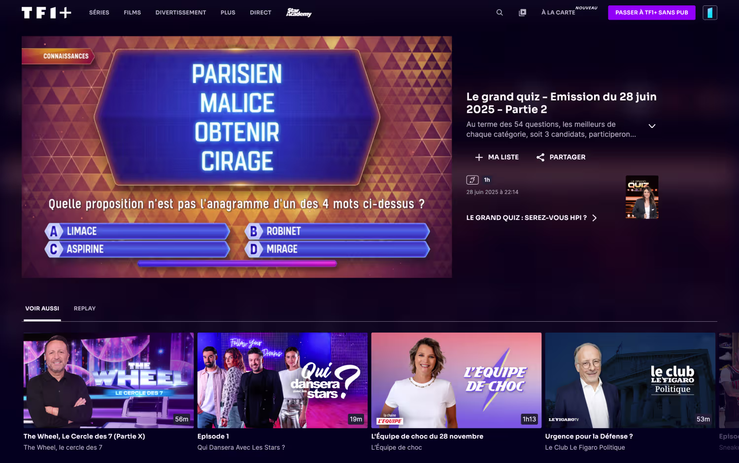 Vue d'une question en cours sur l'application Le Grand Quiz TF1, illustrant la mécanique de gamification et d'interaction temps réel développée sur WeWeb par l'agence SHUNPO.