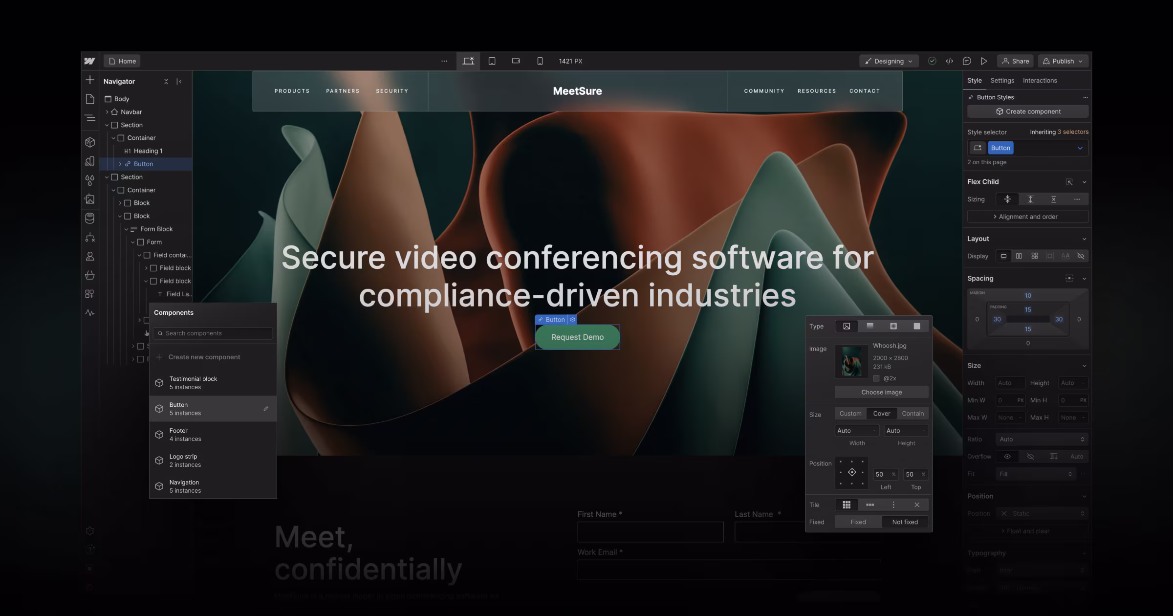 Vue détaillée de l'interface Designer de Webflow : le panneau de contrôle CSS visuel et la structure HTML sémantique qui garantissent un code propre et une performance SEO maximale.