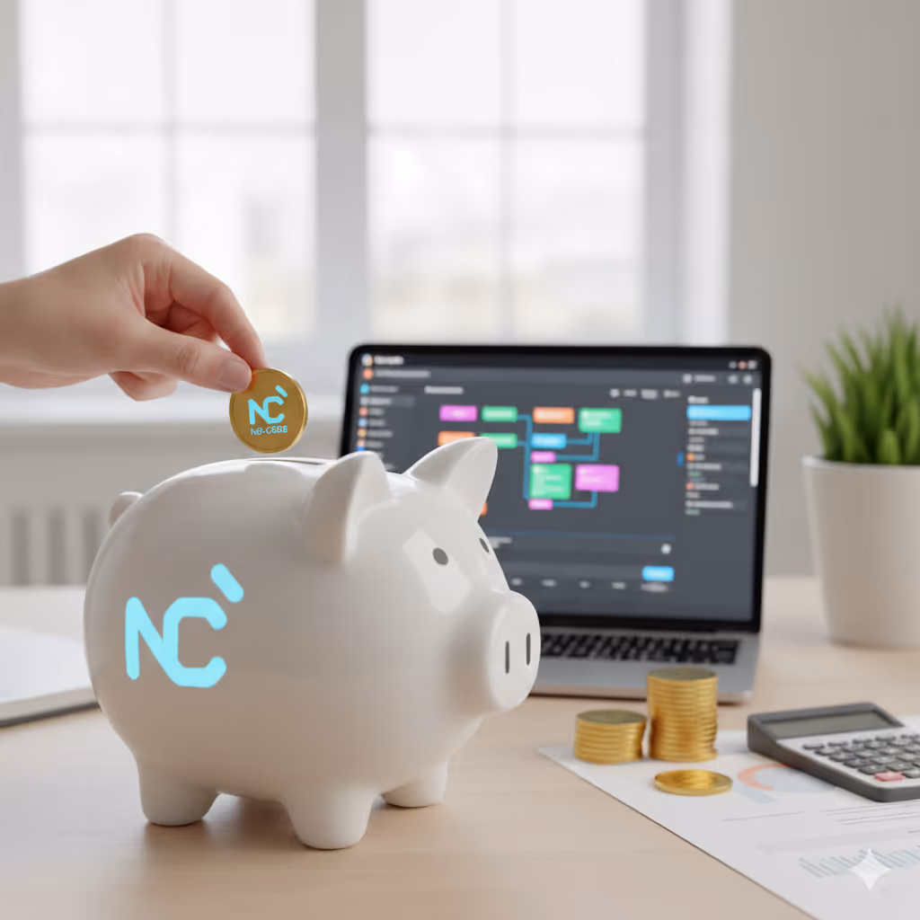 Main déposant une pièce NC dans une tirelire cochon devant un dashboard de développement No-code sur ordinateur.