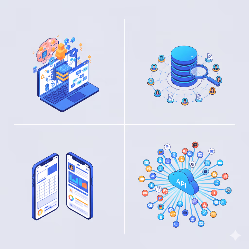 Illustration isométrique des 4 piliers de coût No-Code : Logique métier, Structure de données, Design UI/UX et Intégrations API.