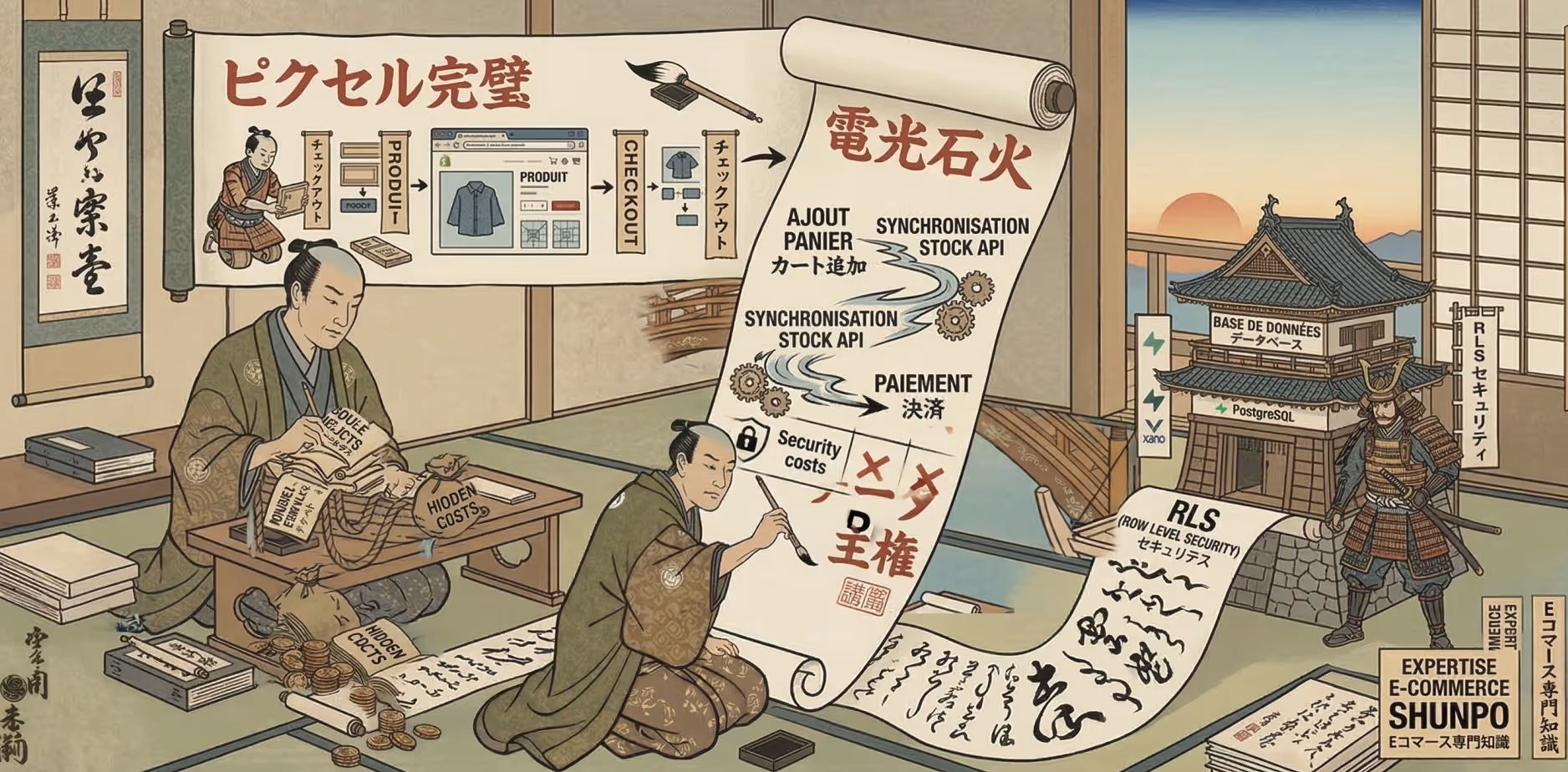 Illustration style ukiyo-e montrant un expert calligraphe Shunpo orchestrant des composants UI (Pixel Perfect) et des workflows de synchronisation API pour maximiser la vitesse de conversion e-commerce (ROI).