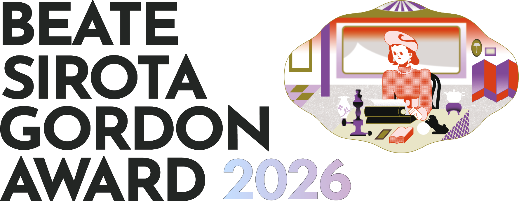 Beate Sirota Gordon Award 2026 text with illustration of a woman in vintage style sitting at a desk with books, a lamp, and tea set.