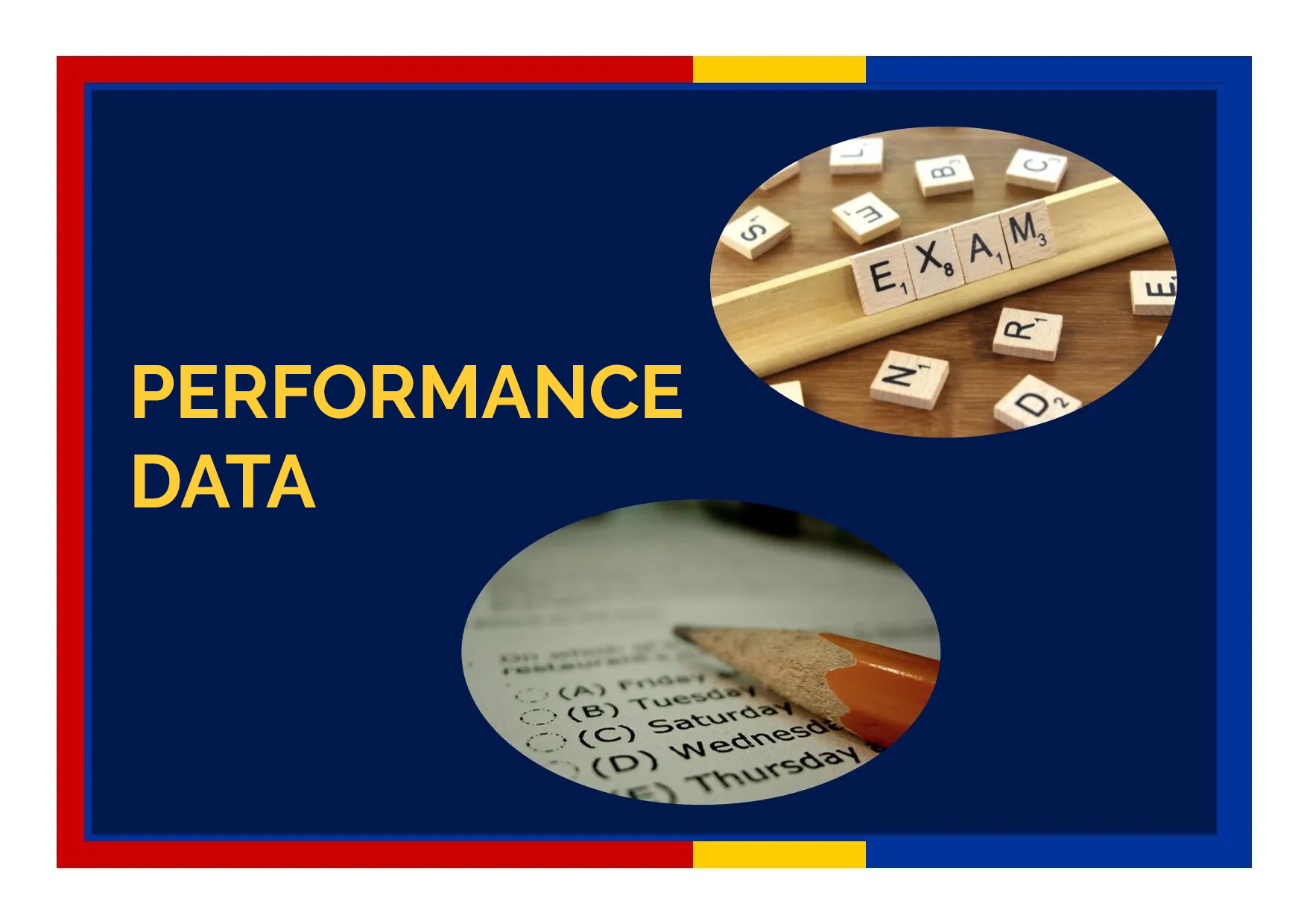 Blue and yellow graphic with the words 'performance data', next to images of scrabble and a pencil