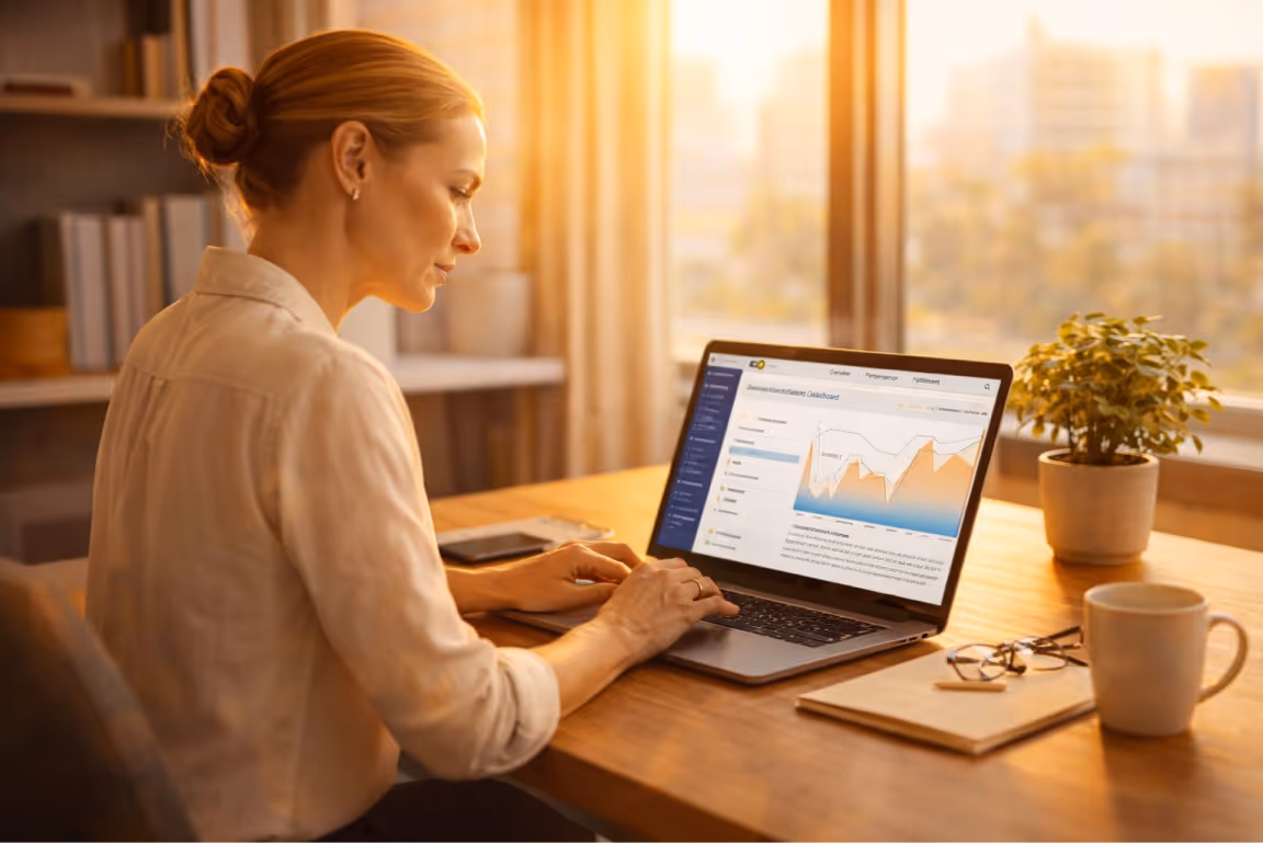 Professional reviewing insights on laptop