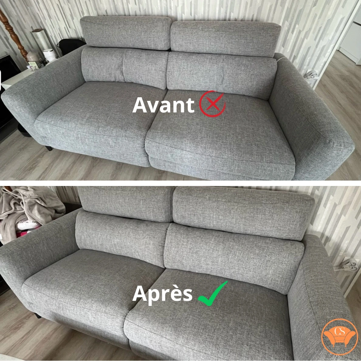 Canapé gris en tissu vu de face. En haut, les coussins d’assises sont enfoncés, avec l’indication "Avant".  En bas, le même canapé après réparation : l’assise est bien alignée, avec l’indication "Après". Le sol est en bois clair, un rideau beige à l’arrière, et le logo Confort Service apparaît en bas à droite.