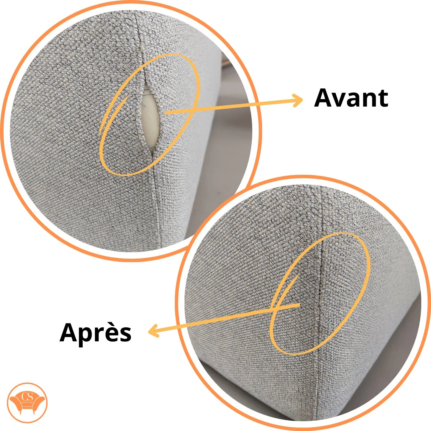 Comparatif avant/après : réparation d’un accroc sur un canapé en tissu gris. Avant : trou avec mousse visible ; Après : couture nette.