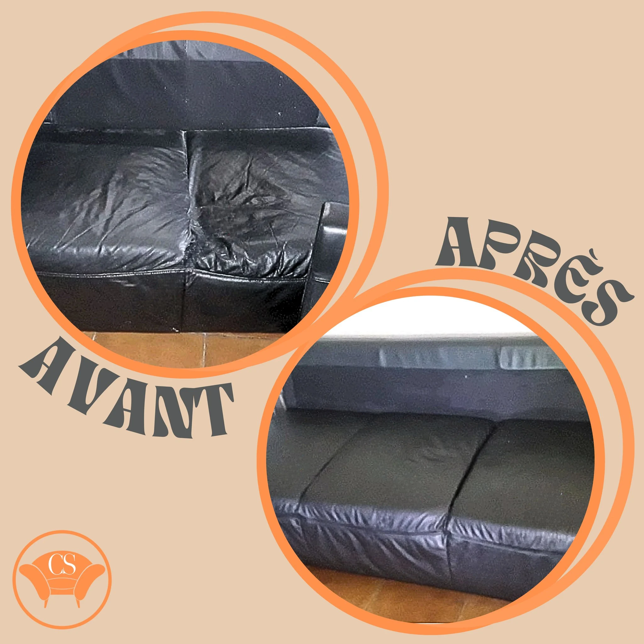 Photo comparative "avant/après" de la réparation d’un canapé où la structure a cédé. On voit deux vues circulaires : en haut à gauche, un canapé en cuir noir avec une assise affaissée. En bas à droite, le même canapé après réparation, avec une assise redressée et lisse.