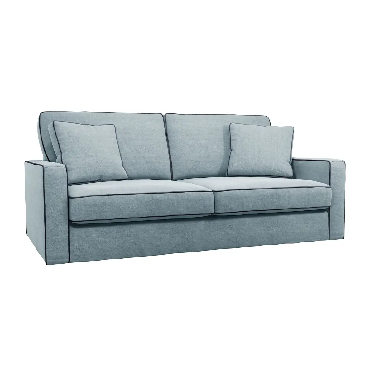 Canapé convertible droit gris déhoussable, avec deux assises et deux coussins de dossier, au design simple et moderne.