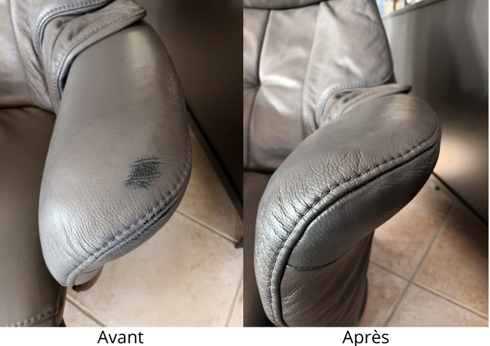 Restauration de canapé en cuir : avant avec usure et tache, après avec cuir rénové et lisse.