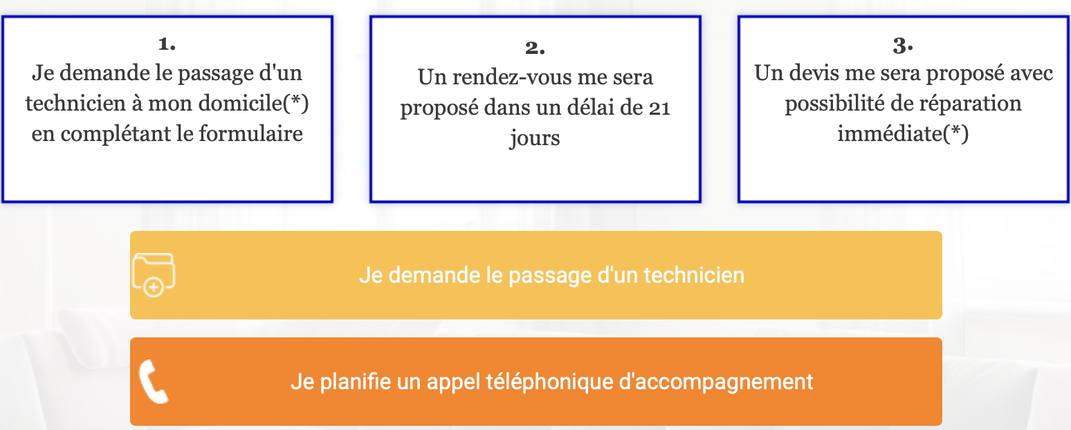 Page d’information Confort Service : choix entre demander le passage d’un technicien à domicile avec devis et réparation possible, ou planifier un appel téléphonique d’accompagnement.