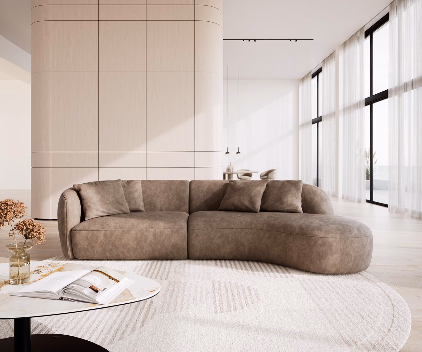 canapé design en microfibre gris/brun dans un salon moderne illuminé