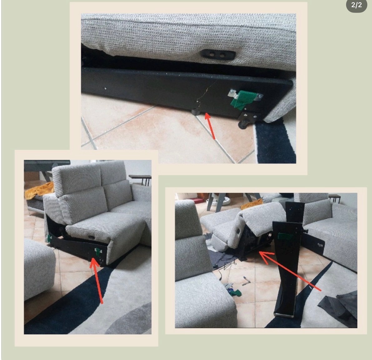 rois photos montrant le mécanisme endommagé d’un canapé relax en tissu gris, avec des flèches rouges indiquant les pièces cassées à réparer.