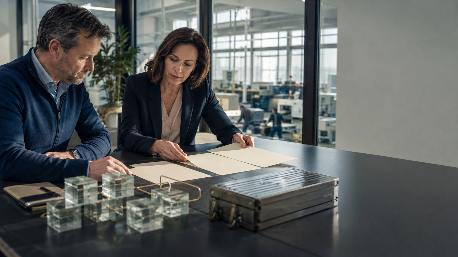 European SME leaders reviewing a corporate bond structure in a modern manufacturing office