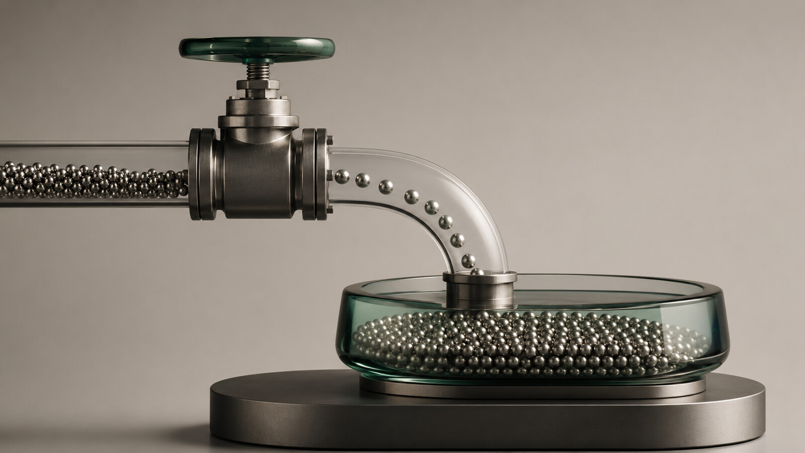 Abstract valve controlling the flow of metallic spheres into a transparent reservoir