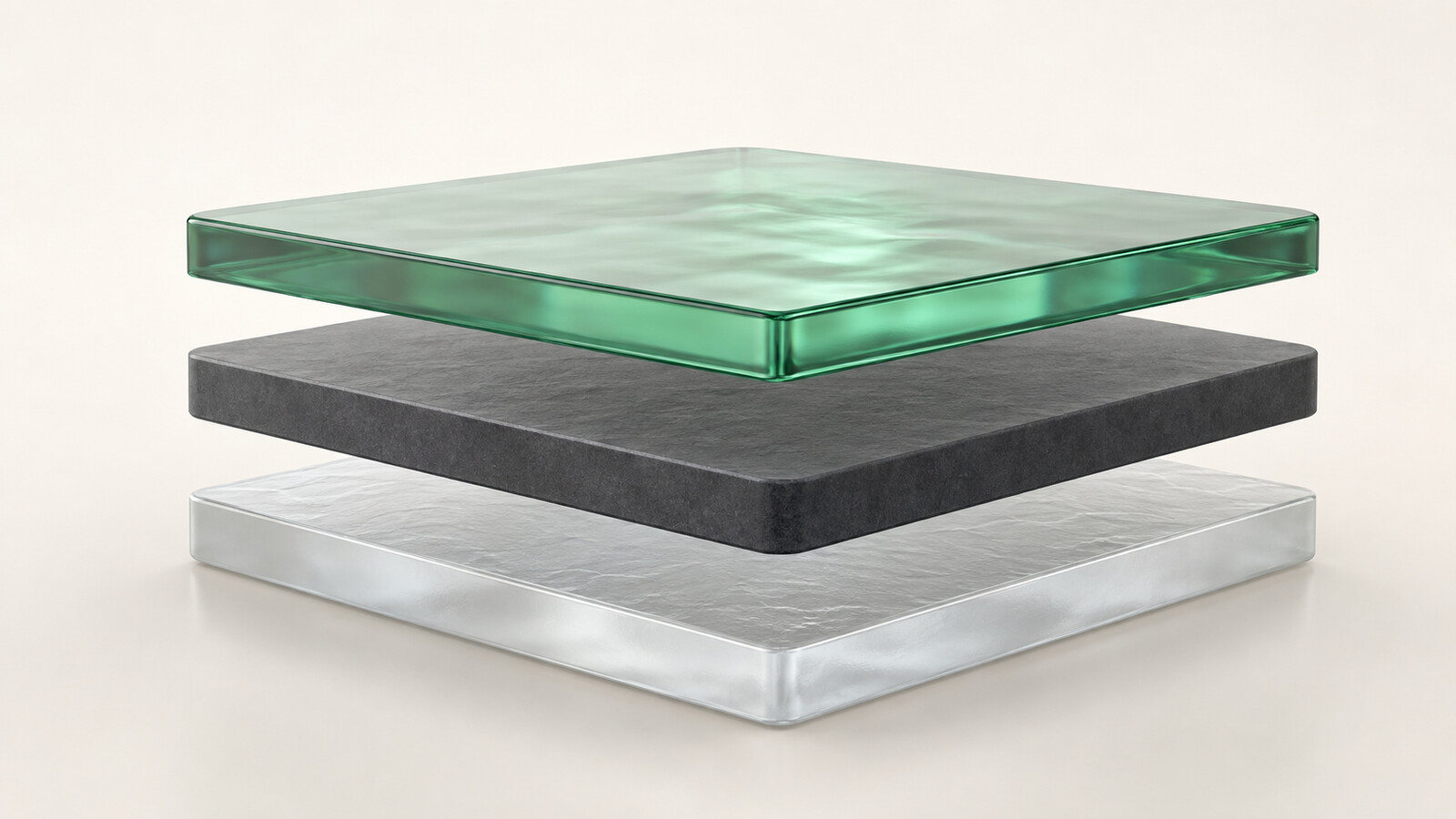 Three aligned translucent layers representing technology, legal structure and regulated distribution