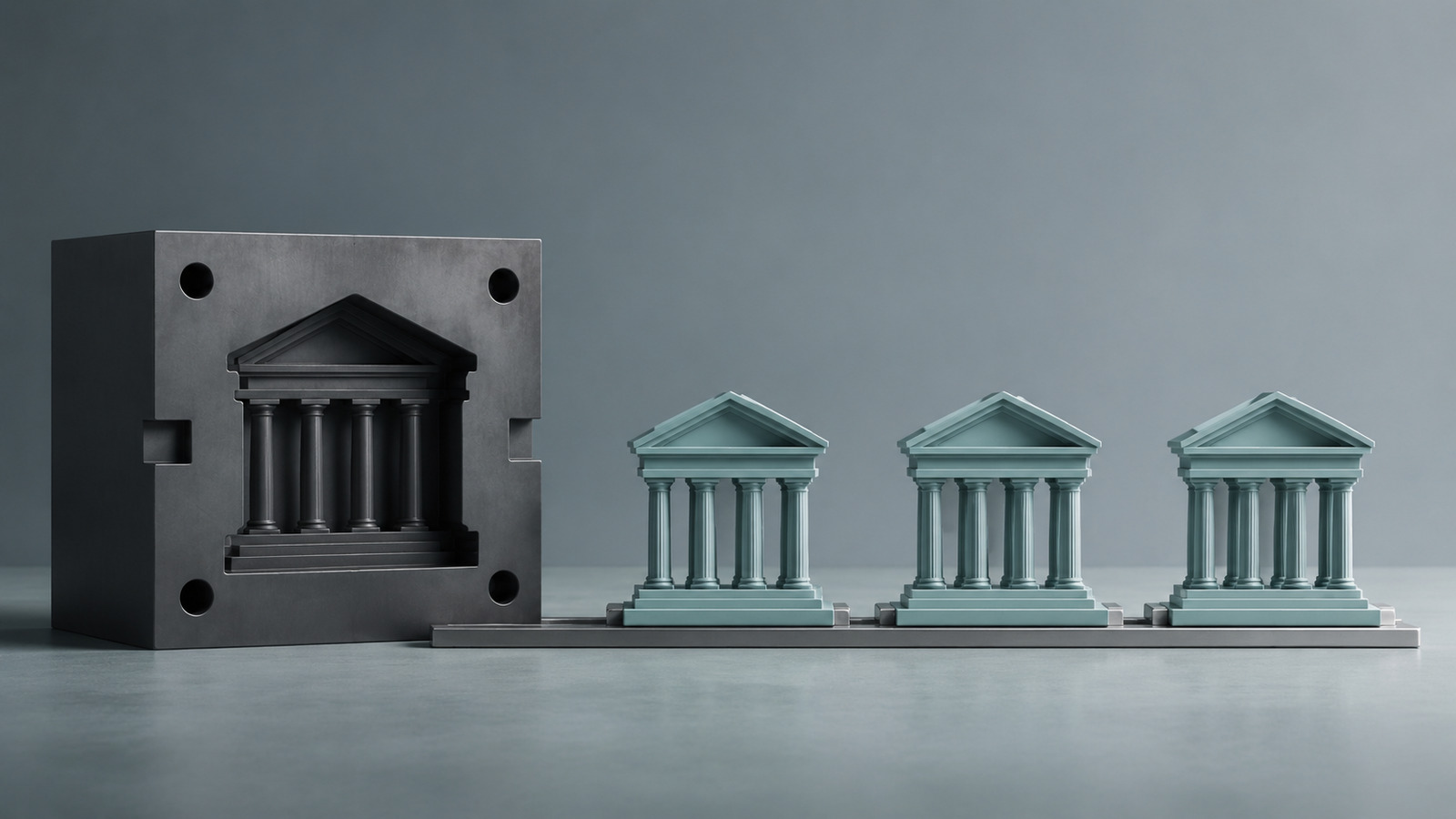 A master mould produces three identical financial structure modules.