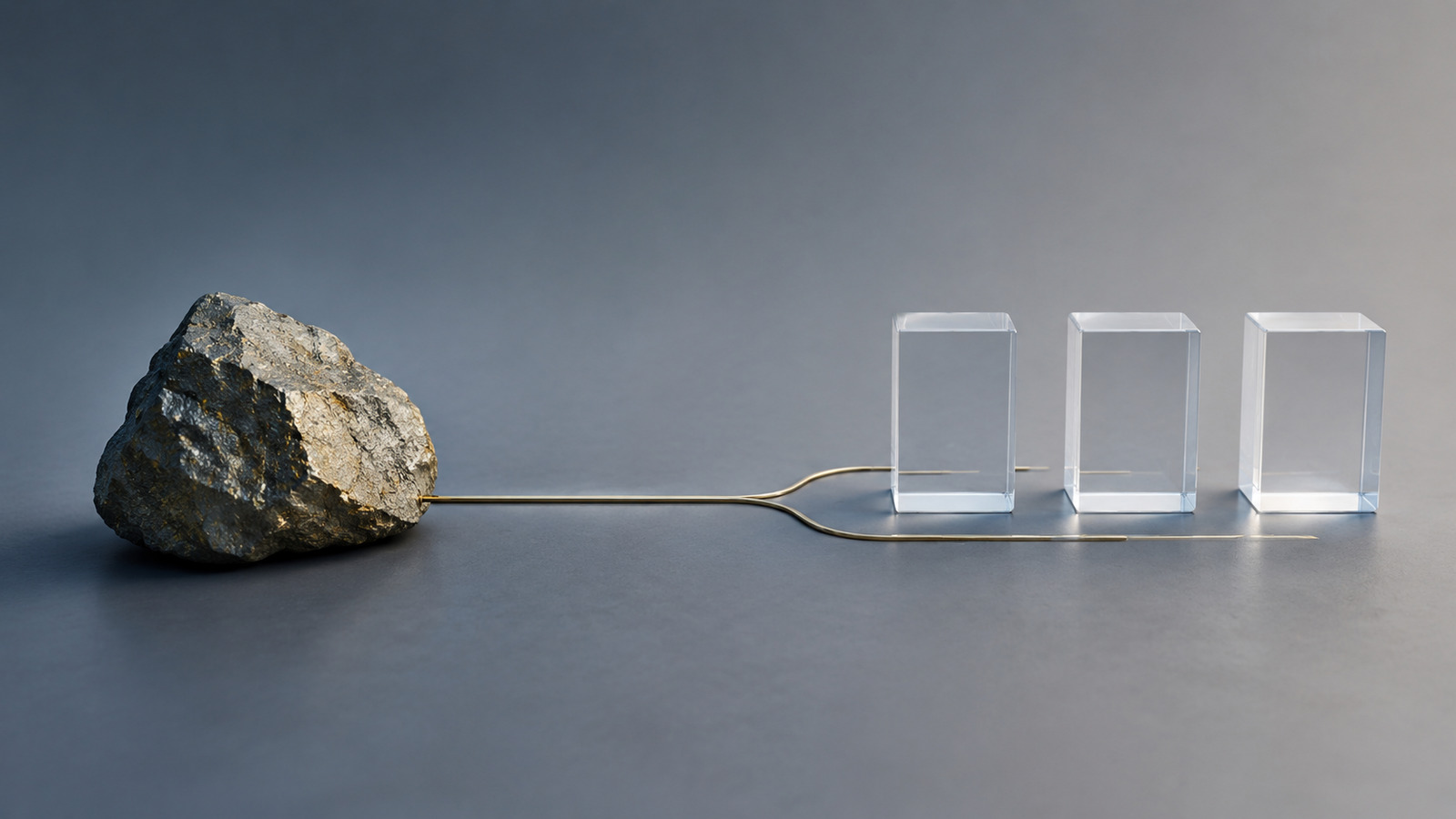 A raw mineral connected to three transparent product blocks.