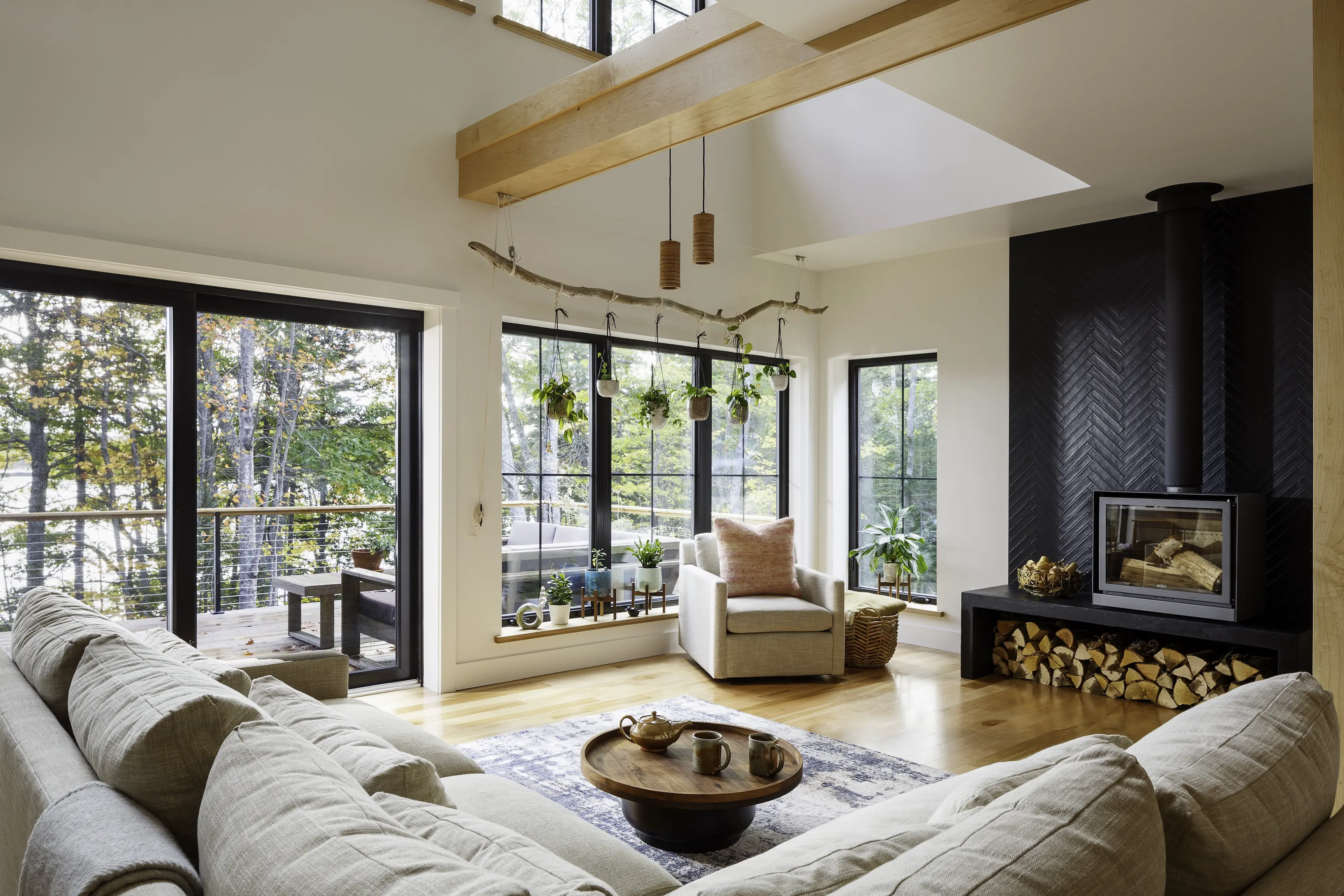 Modern living room with large windows, hanging plants, and forest view