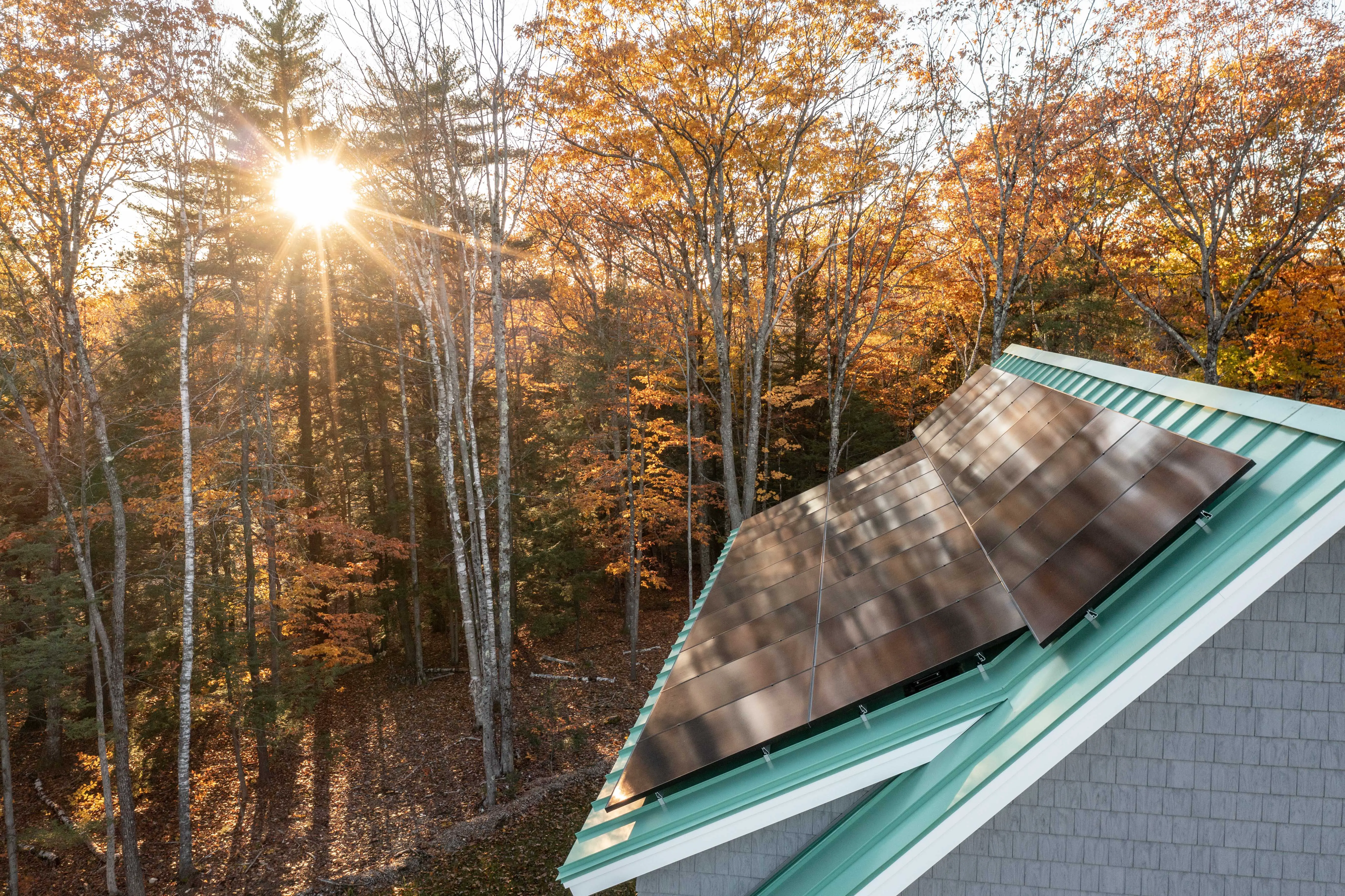 Solar panels on roof amid autumn forest with sunlight filtering through trees