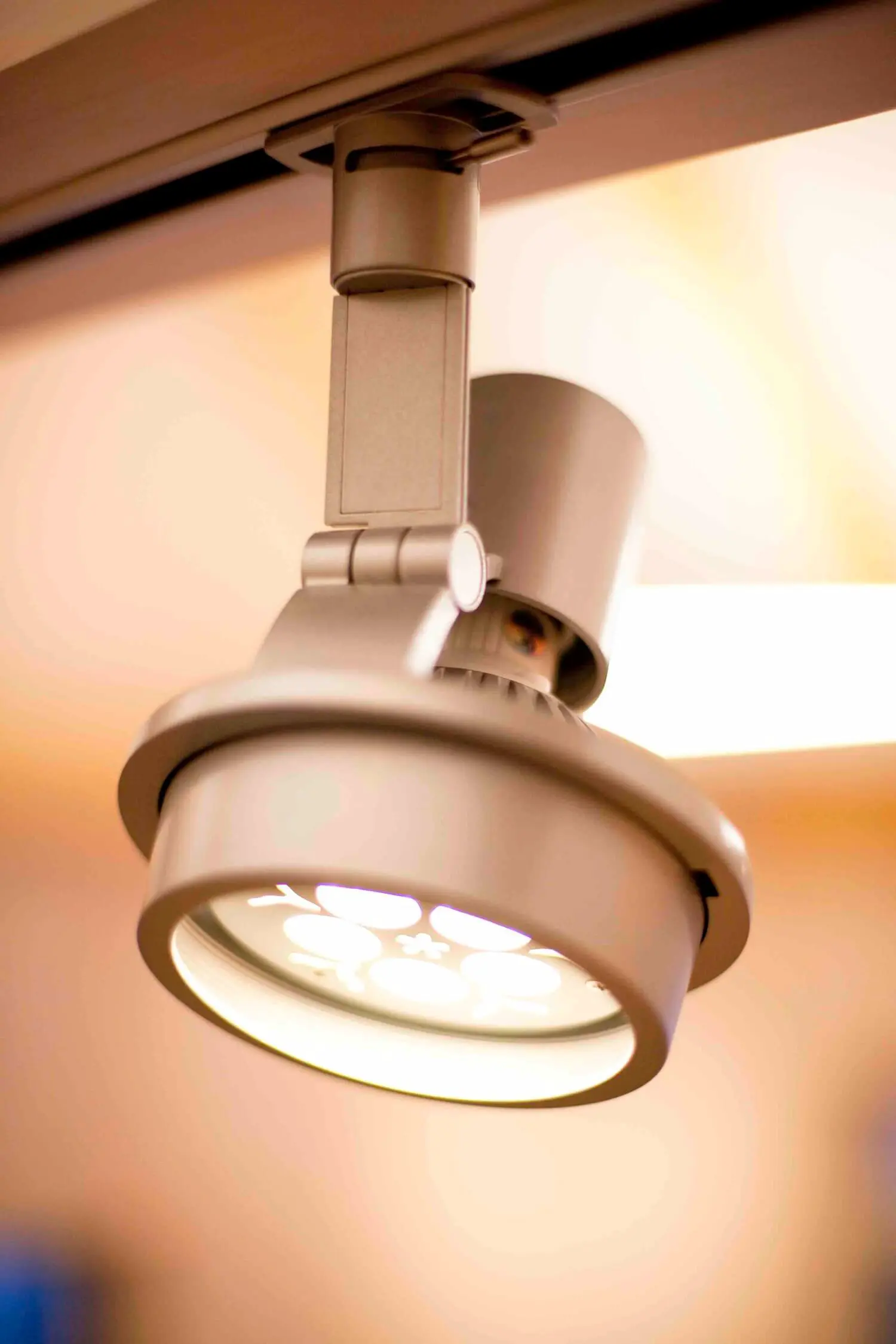 Adjustable ceiling-mounted spotlight with warm light and metallic finish