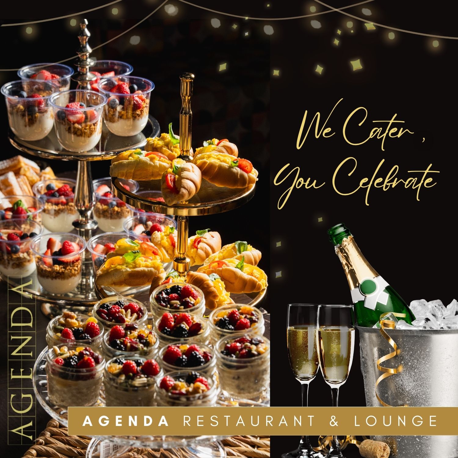 Three-tiered tray with assorted desserts and sandwiches, two glasses of champagne, and a champagne bottle in an ice bucket with gold ribbon.
