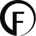 Abstract black logo with combined letters F and P enclosed in a circle.