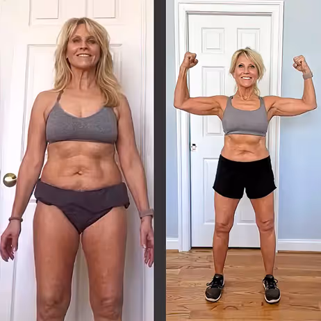 Side-by-side comparison of a woman before and after fitness transformation, showing toned muscles and increased strength.