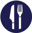 A blue circle with a fork and a knife.