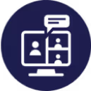 A blue circle with a white icon of people on a computer.