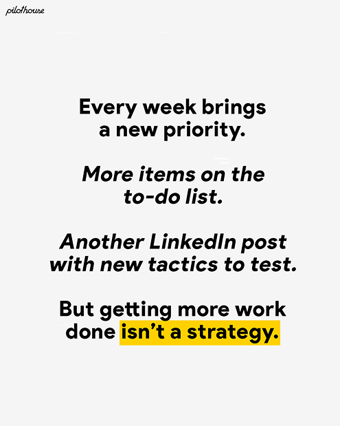Text emphasizing that getting more work done is not a strategy, highlighting the phrase 'isn't a strategy.'