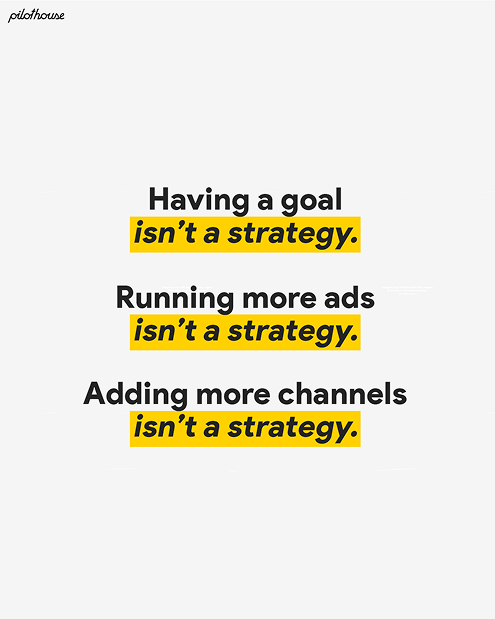 Text stating that having a goal, running more ads, and adding more channels aren't strategies, with 'isn't a strategy.' highlighted in yellow.