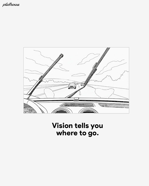 View from inside a car showing windshield wipers and a road with other cars ahead, with the text 'Vision tells you where to go.'