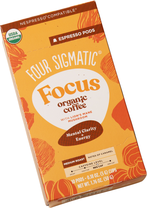Box of Four Sigmatic Focus organic coffee espresso pods with Lion's Mane mushroom, medium roast, notes of caramel, caffeine level indicator, and USDA organic label.
