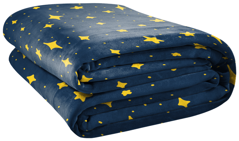 Folded dark blue blanket with a pattern of yellow stars and dots.