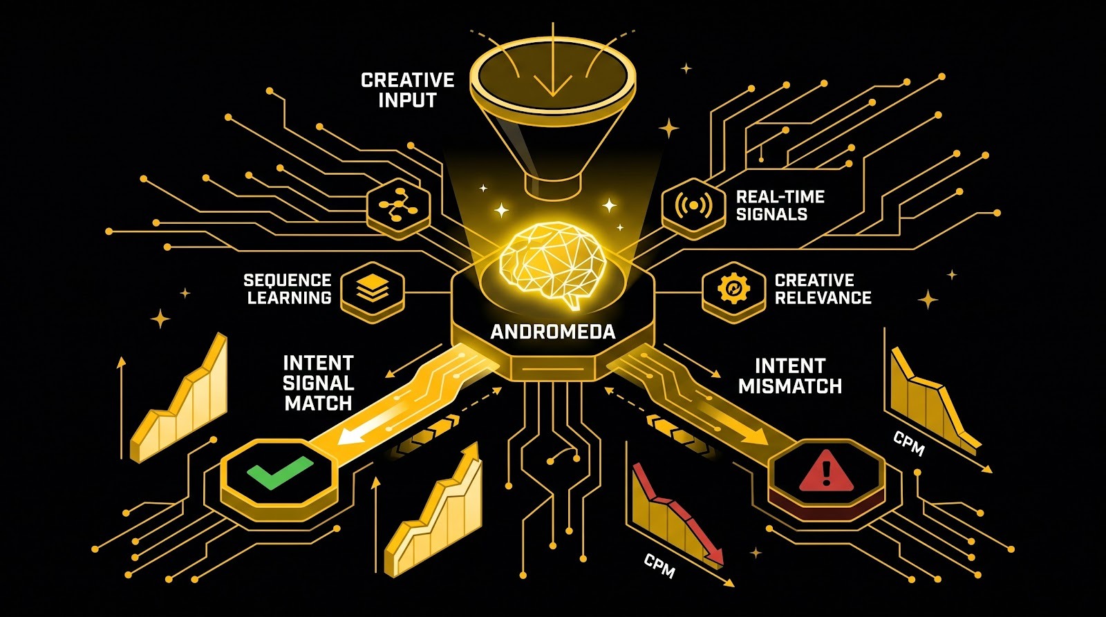 Process diagram of Meta's Andromeda AI matching creative signals to user intent, showing paths to strong or weak ad performance.